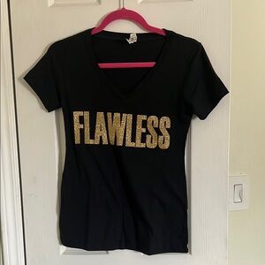 Black V-Neck T-Shirt with Gold 'Flawless' Print